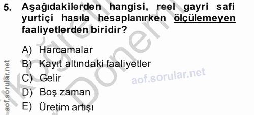 5. soru: Aşağıdakilerden hangisi, reel gayri safi yurtiçi hasıla hesaplanırken olçulemeyen faaliyetlerden biridir? A) Harcamal…