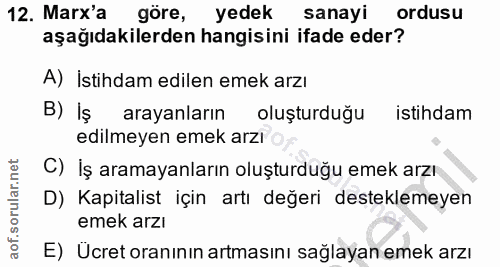12. soru: Marx'a göre, yedek sanayi ordusu aşağıdakilerden hangisini ifade eder? A) İstihdam edilen emek arzı B) Iş arayanların…