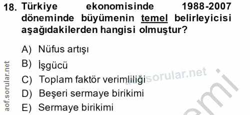 18. soru: Türkiye ekonomisinde 1988-2007 döneminde büyümenin temel belirleyicisi aşağıdakilerden hangisi olmuştur? A) Nüfus art…