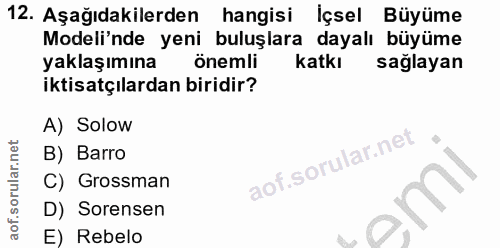 12. soru: Aşağıdakilerden hangisi Içsel Büyüme Modeli'nde yeni buluşlara dayalı büyüme yaklaşımına önemli Katkı sağlayan iktisa…