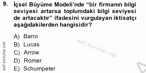 9. soru: İçsel Büyüme Modeli'nde "bir firmanın bilgi seviyesi artarsa toplumdaki bilgi seviyesi de artacaktır" ifadesini vurgu…