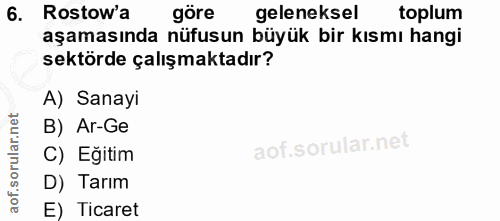 6. soru: Rostow'a göre geleneksel toplum aşamasında nüfusun büyük bir kısmı hangi sektörde çalışmaktadır? A) Sanayi B) Ar-Ge C…