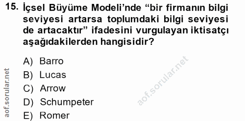 15. soru: İçsel Büyüme Modeli'nde "bir firmanın bilgi seviyesi artarsa toplumdaki bilgi seviyesi de artacaktır" ifadesini vurgu…