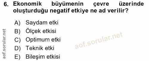 6. soru: Ekonomik büyümenin çevre üzerinde oluşturduğu negatif etkiye ne ad verilir? A) Saydam etki B) Ölçek etkisi C) Optimum…