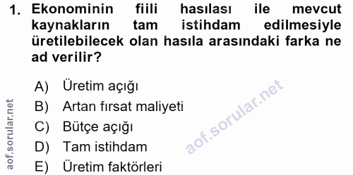 1. soru: Ekonominin fiili hasılası ile mevcut kaynakların tam istihdam edilmesiyle üretilebilecek olan hasıla arasındaki farka…