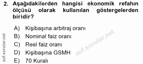 2. soru: Aşağıdakilerden hangisi ekonomik refahın ölçüsü olarak kullanılan göstergelerden biridir? A) Kişibaşına arbitraj oran…