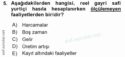 5. soru: Aşağıdakilerden hangisi, reel gayri safi yurtiçi hasıla hesaplanırken ölçülemeyen faaliyetlerden biridir? A) Harcamal…