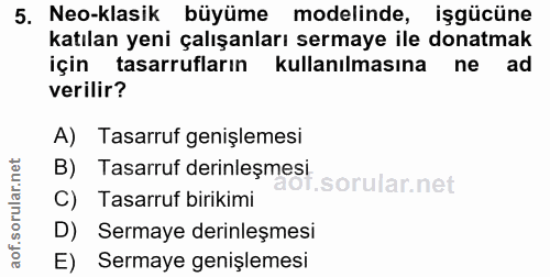 5. soru: Neo-klasik büyüme modelinde, işgücüne katılan yeni çalışanları sermaye ile donatmak için tasarrufların kullanılmasına…