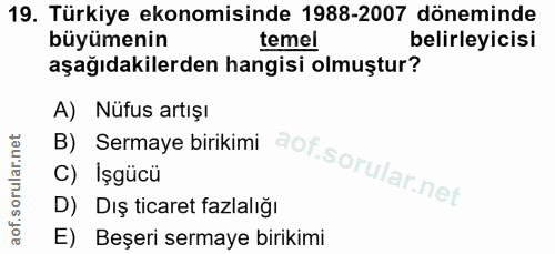 19. soru: Türkiye ekonomisinde 1988-2007 döneminde büyümenin temel belirleyicisi aşağıdakilerden hangisi olmuştur? A) Nüfus art…