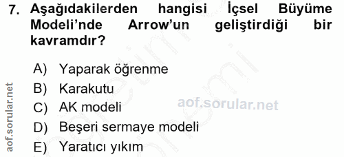7. soru: Aşağıdakilerden hangisi İçsel Büyüme Modeli'nde Arrow' un geliştirdiği bir kavramdır? A) Yaparak öğrenme B) Karakutu…