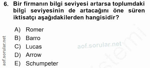 6. soru: Bir firmanın bilgi seviyesi artarsa toplumdaki bilgi seviyesinin de artacağını öne süren iktisatçı aşağıdakilerden ha…