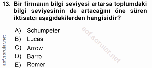 13. soru: Bir firmanın bilgi seviyesi artarsa toplumdaki bilgi seviyesinin de artacağını öne süren iktisatçı aşağıdakilerden ha…