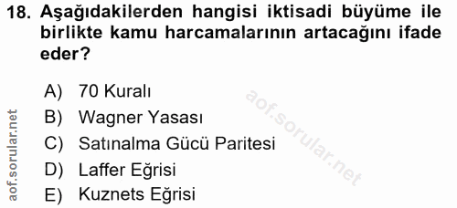 18. soru: Aşağıdakilerden hangisi iktisadi büyüme ile birlikte kamu harcamalarının artacağını ifade eder? A) 70 Kuralı B) Wagne…