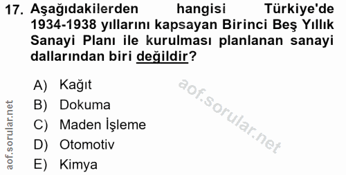 17. soru: Aşağıdakilerden hangisi Türkiye'de 1934-1938 yıllarını kapsayan Birinci Beş Yıllık Sanayi Planı ile kurulması planlan…