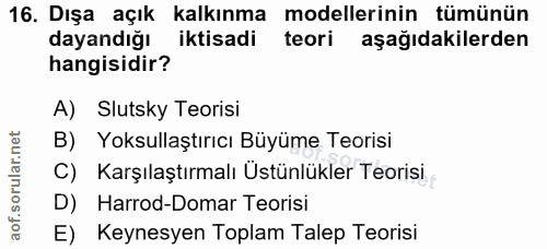16. soru: Dışa açık kalkınma modellerinin tümünün dayandığı iktisadi teori aşağıdakilerden hangisidir? A) Slutsky Teorisi B) Yo…