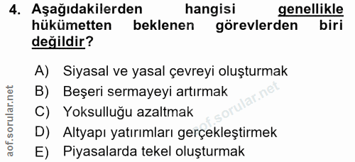 4. soru: Aşağıdakilerden hangisi genellikle hükümetten beklenen görevlerden biri değildir? A) Siyasal ve yasal çevreyi oluştur…