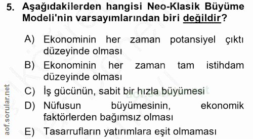 5. soru: Aşağıdakilerden hangisi Neo-Klasik Büyüme Modeli'nin varsayımlarından biri değildir? A) Ekonominin her zaman potansiy…