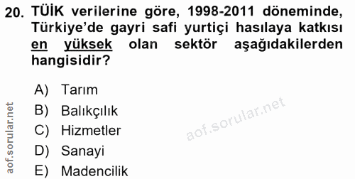 20. soru: TÜİK verilerine göre, 1998-2011 döneminde, Türkiye'de gayri safi yurtiçi hasılaya katkısı en yüksek olan sektör aşağı…