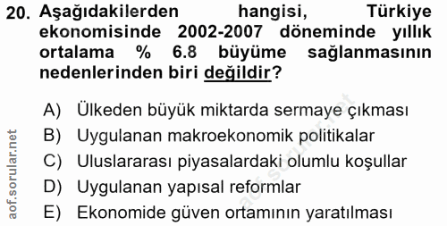 20. soru: Aşağıdakilerden hangisi, Türkiye ekonomisinde 2002-2007 döneminde yıllık ortalama % 6.8 büyüme sağlanmasının nedenler…