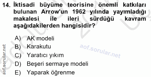 14. soru: İktisadi büyüme teorisine önemli katkıları bulunan Arrow'un 1962 yılında yayımladığı makalesi ile ileri sürdüğü kavra…