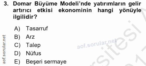 3. soru: Domar Büyüme Modeli'nde yatırımların gelir artırıcı etkisi ekonominin hangi yönüyle ilgilidir? A) Tasarruf S B) Arz a…