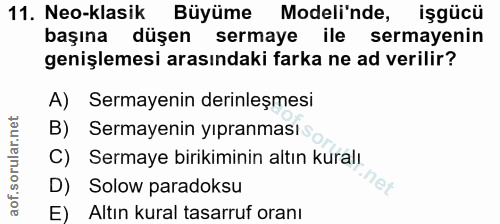 11. soru: Neo-klasik Büyüme Modeli'nde, işgücü başına düşen sermaye ile sermayenin genişlemesi arasındaki farka ne ad verilir?…