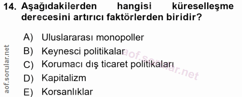14. soru: Aşağıdakilerden hangisi küreselleşme derecesini artırıcı faktörlerden biridir? A) Uluslararası monopoller B) Keynesci…
