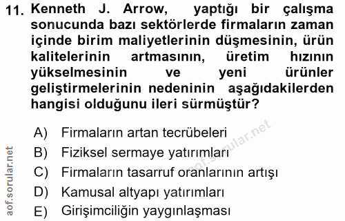 11. soru: Kenneth J. Arrow, yaptığı bir çalışma sonucunda bazı sektörlerde firmaların zaman içinde birim maliyetlerinin düşmesi…