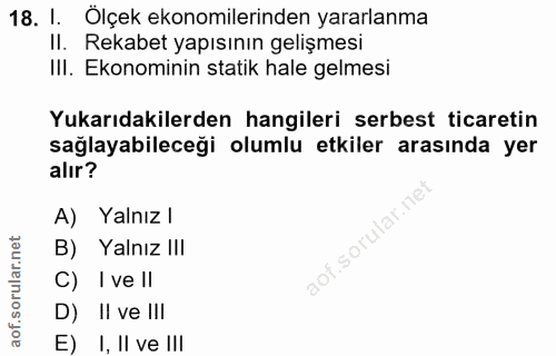 18. soru: I. Ölçek ekonomilerinden yararlanma II. Rekabet yapısının gelişmesi III. Ekonominin statik hale gelmesi Yukarıdakiler…