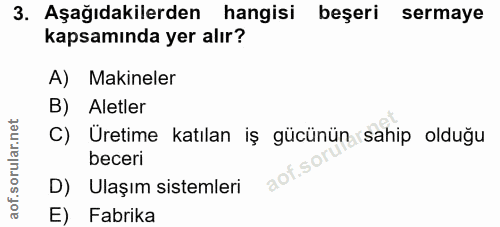 3. soru: Aşağıdakilerden hangisi beşeri sermaye kapsamında yer alır? A) Makineler B) Aletler C) Üretime katılan iş gücünün sah…