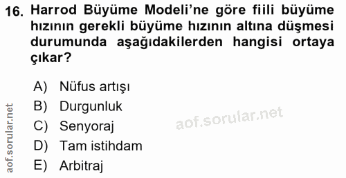 16. soru: Harrod Büyüme Modeli'ne göre filli büyüme hızının gerekli büyüme hızının altına düşmesi durumunda aşağıdakilerden han…