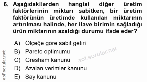6. soru: Aşağıdakilerden hangisi diğer üretim faktörlerinin miktarı sabitken, bir üretim faktörünün üretimde kullanılan miktar…