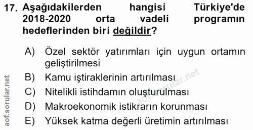 17. soru: Aşağıdakilerden hangisi Türkiye'de 2018-2020 orta vadeli programın hedeflerinden biri değildir? A) Özel sektör yatırı…