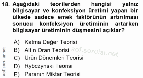 18. soru: Aşağıdaki teorilerden hangisi yalnız bilgisayar ve konfeksiyon üretimi yapan bir ülkede sadece emek faktörünün artırı…