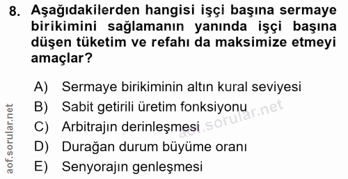 8. soru: Aşağıdakilerden hangisi işçi başına sermaye birikimini sağlamanın yanında işçi başına düşen tüketim ve refahı da maks…