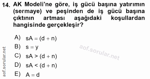 14. soru: AK Modeli'ne göre, iş gücü başına yatırımın (sermaye) ve peşinden de iş gücü başına çıktının artması aşağıdaki koşull…
