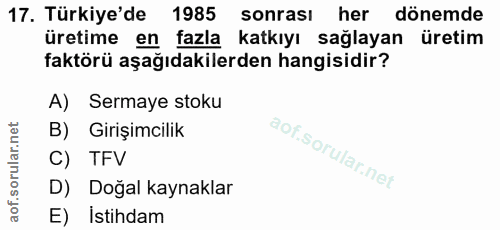 17. soru: Türkiye'de 1985 sonrası her dönemde üretime en fazla katkıyı sağlayan üretim faktörü aşağıdakilerden hangisidir? A) S…