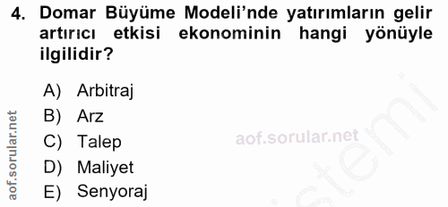 4. soru: Domar Büyüme Modeli'nde yatırımların gelir artırıcı etkisi ekonominin hangi yönüyle ilgilidir? A) Arbitraj B) Arz C)…
