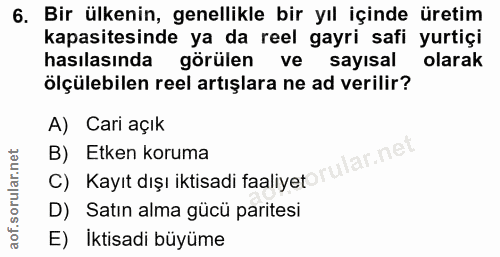 6. soru: Bir ülkenin, genellikle bir yıl içinde üretim kapasitesinde ya da reel gayri safi yurtiçi hasılasında görülen ve sayi…