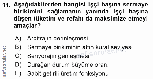 11. soru: Aşağıdakilerden hangisi işçi başına sermaye birikimini sağlamanın yanında işçi başına düşen tüketim ve refahı da maks…