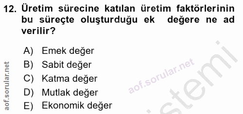 12. soru: Üretim sürecine katılan üretim faktörlerinin bu süreçte oluşturduğu ek l değere ne ad verilir? A) Emek değer B) Sabit…