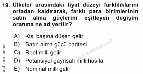 19. soru: Ülkeler arasındaki fiyat düzeyi farklılıklarını ortadan kaldırarak, farklı para birimlerinin satın alma güçlerini eşi…