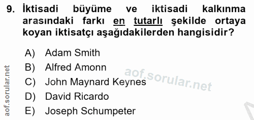 9. soru: Iktisadi büyüme ve iktisadi kalkınma arasındaki farkı en tutarlı şekilde ortaya koyan iktisatçı aşağıdakilerden hangi…