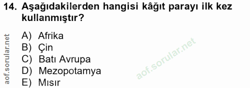 14. soru: Aşağıdakilerden hangisi kåğıt parayı ilk kez kullanmıştır? A) Afrika B) Çin C) Batı Avrupa D) Mezopotamya E) MIsır