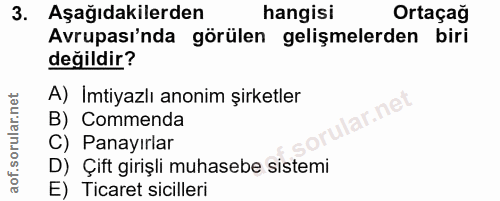 3. soru: Aşağıdakilerden hangisi Ortaçağ Avrupası'nda görülen gelişmelerden biri değildir? A) Imtiyazlı anonim şirketler B) Co…