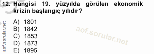12. soru: Hangisi 19. yüzyılda görülen ekonomik krizin başlangıç yılıdır? A) 1801 B) 1842 C) 1853 D) 1873 E) 1895