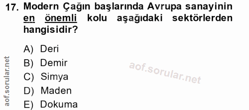 17. soru: Modern Çağın başlarında Avrupa sanayinin en önemli kolu aşağıdaki sektörlerden hangisidir? A) Deri B) Demir of. C) Si…