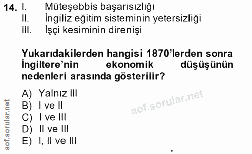 14. soru: 1. Müteşebbis başarısızlığı II. Ingiliz eğitim sisteminin yetersizliği III. İşçi kesiminin direnişi Yukarıdakilerden…