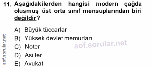 11. soru: Aşağıdakilerden hangisi modern çağda oluşmuş üst orta sınıf mensuplarından biri değildir? A) Büyük tüccarlar B) Yükse…