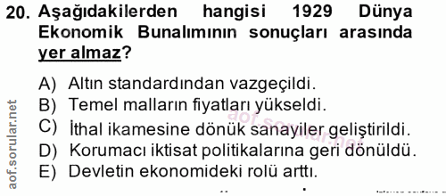 20. soru: Aşağıdakilerden hangisi 1929 Dünya Ekonomik Bunalımının sonuçları arasında yer almaz? A) Altın standardından vazgeçil…